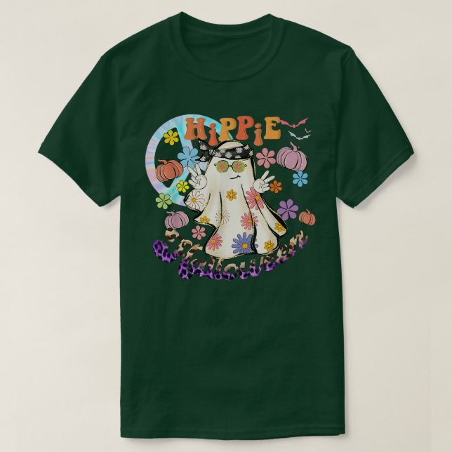 Retro Floral Hippie Halloween Pumpkin Ghost Peace  T-Shirt (Design Front)