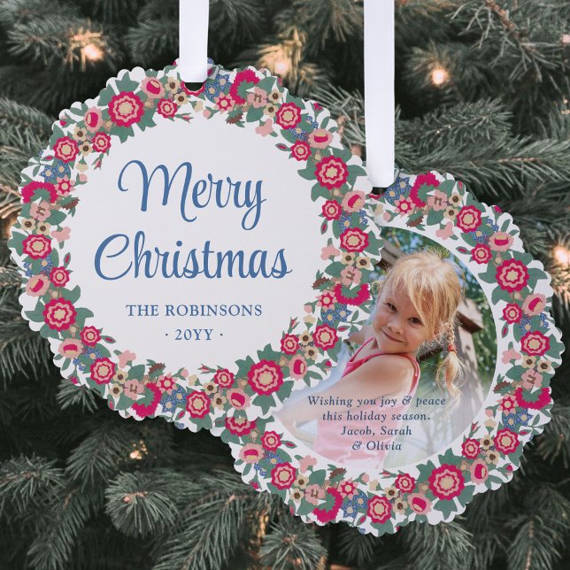 Retro Floral Holiday Wreath Merry Christmas Photo Ornament Card (Creator Uploaded)