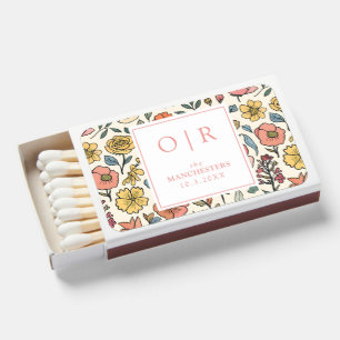Retro Floral Initial Cottagecore Wedding Favor Matchboxes