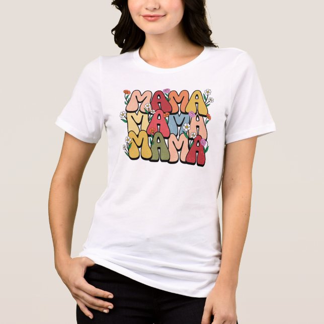 Retro Floral "Mama" Bubble Font Tri-Blend Shirt (Front)
