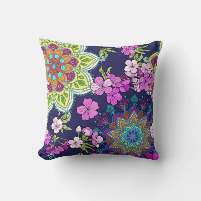 Retro Floral/Mandala Design, Navy & Pink Throw Pillow (Front)