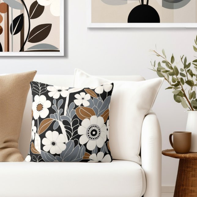 Retro Floral Mid Century Modern Throw Pillow (Style with the perfect blend of floral style & retro elegance to your living space.)