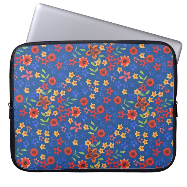 Retro Floral Miniprint on Blue Laptop Sleeve (Front)