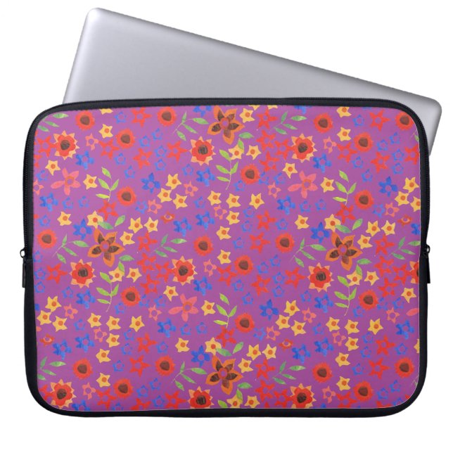 Retro Floral Miniprint on Magenta Laptop Sleeve (Front)