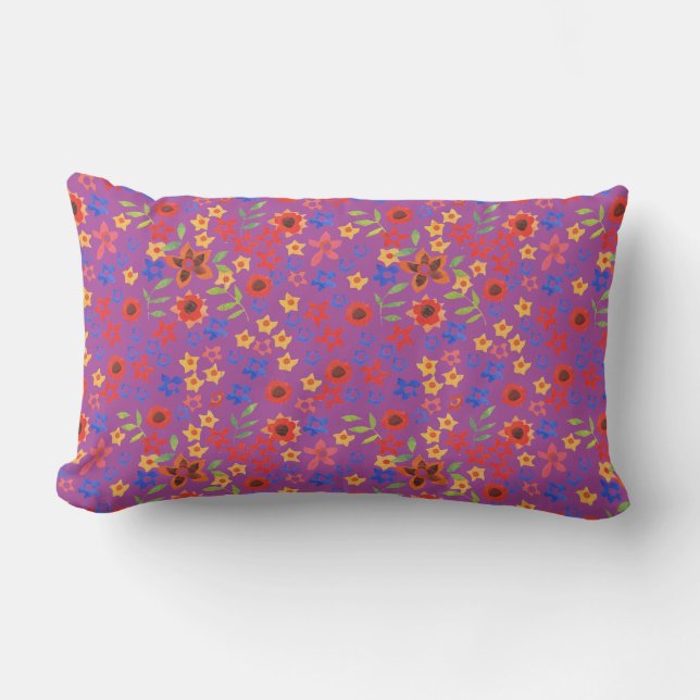 Retro Floral Miniprint on Magenta Lumbar Pillow (Front)