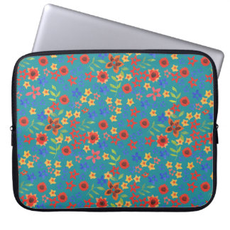 Retro Floral Miniprint on Teal Laptop Sleeve