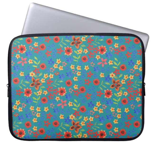 Retro Floral Miniprint on Teal Laptop Sleeve (Front)