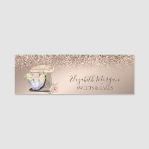 Retro Floral Mixer Rose Gold Glitter Name Tag