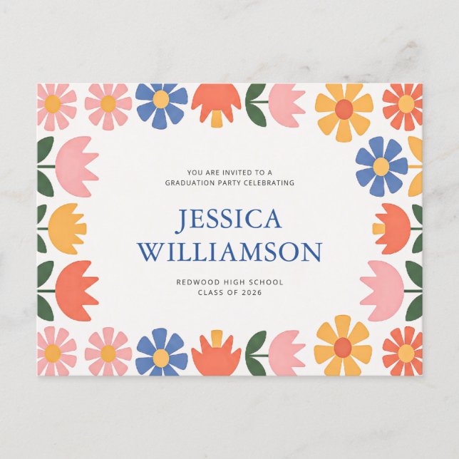 Retro Floral Modern Script Graduation Thank You Postcard (Front)