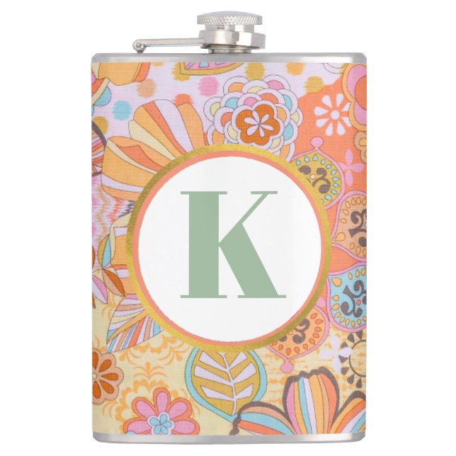 Retro Floral Monogram Groovy Pattern Flask (Front)