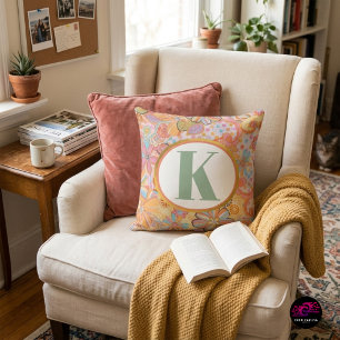 Retro Floral Monogram Groovy Pattern Throw Pillow