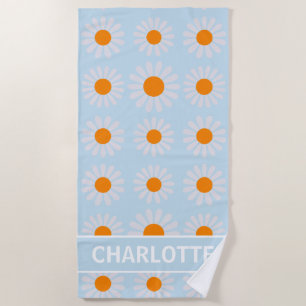 Retro Floral Monogram Orange blue white Beach Towel