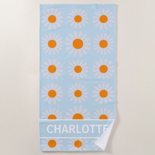 Retro Floral Monogram Orange blue white  Beach Towel