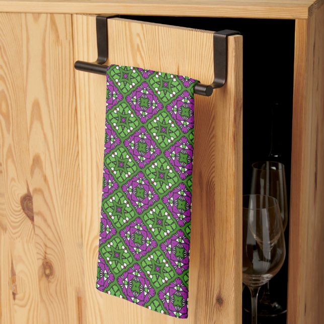 Retro Floral Mosaic pattern Green and Purple Kitchen Towel (Thirds Fold)