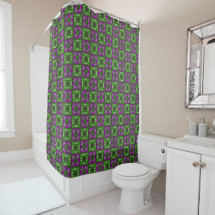 Retro Floral Mosaic pattern Green and Purple Shower Curtain