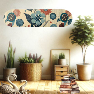 Retro Floral Motif Vintage Pattern Monogram Trendy Skateboard