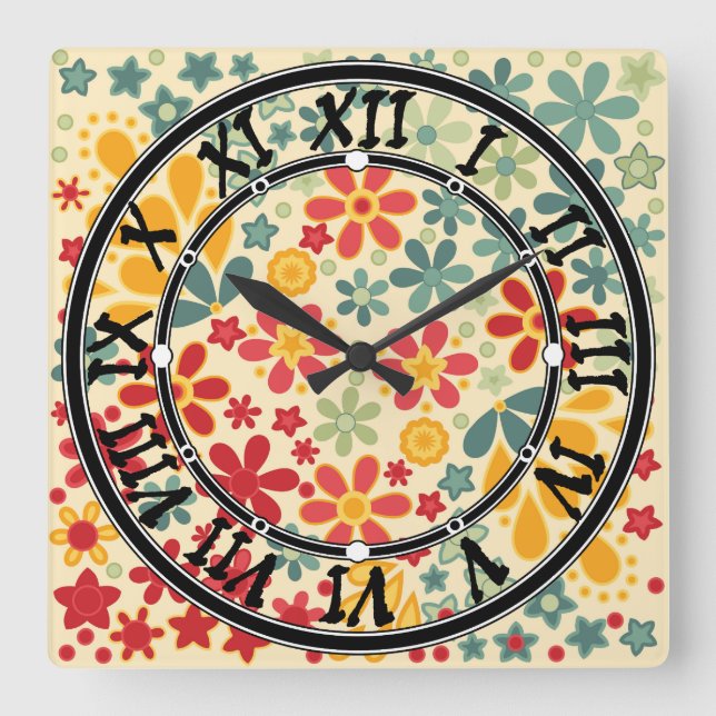 Retro.  Floral motifs Square Wall Clock (Front)