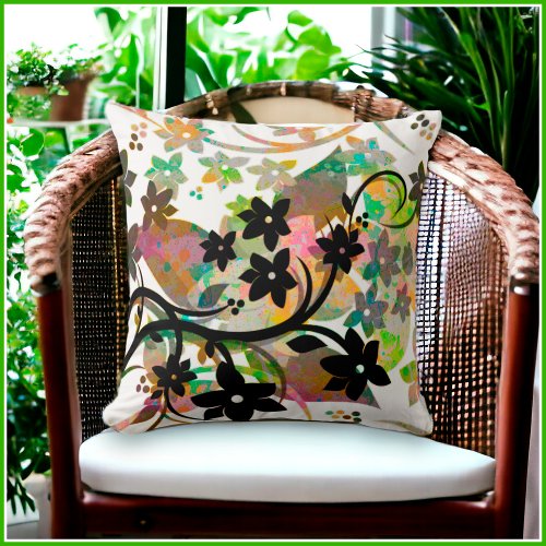 Retro Floral Multicolor Botanical Graphic Design Throw Pillow