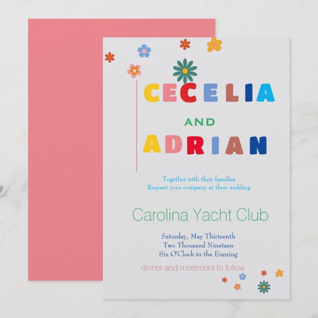 Retro Floral Multicolor Wedding Invitation (Front/Back)