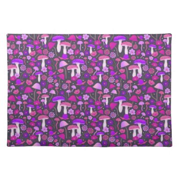 Retro Floral Mushrooms Pink  Purple & Black Cloth Placemat by dulceevents at Zazzle