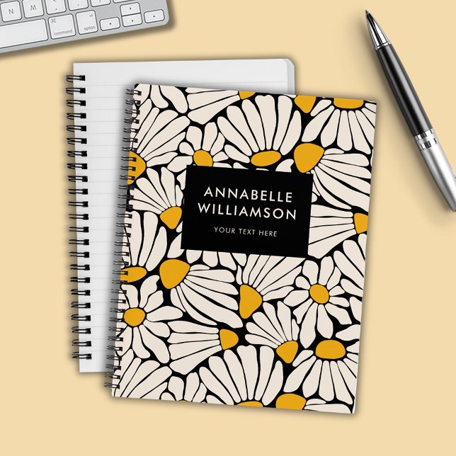 Retro Floral Mustard Yellow Black Notebook (Retro floral daisy dream notebook)