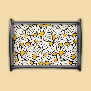 Retro Floral Mustard Yellow Black Serving Tray