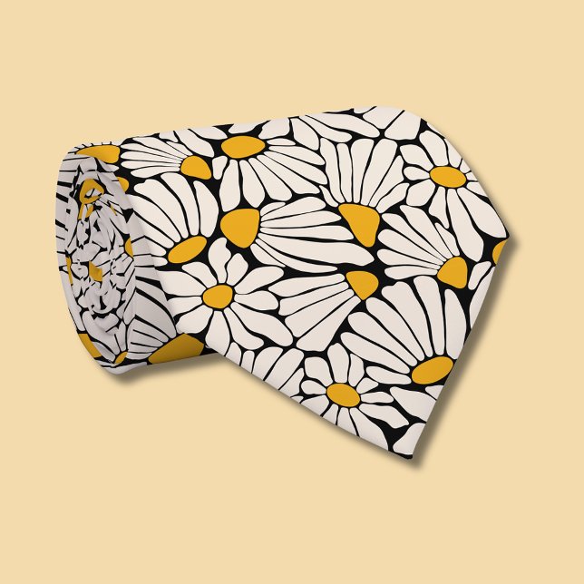 Retro floral mustard yellow cream black neck tie (Retro floral daisy dream tie)