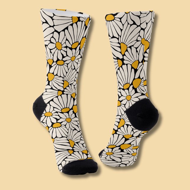 Retro floral mustard yellow cream botanical socks (Retro floral daisy dream socks)