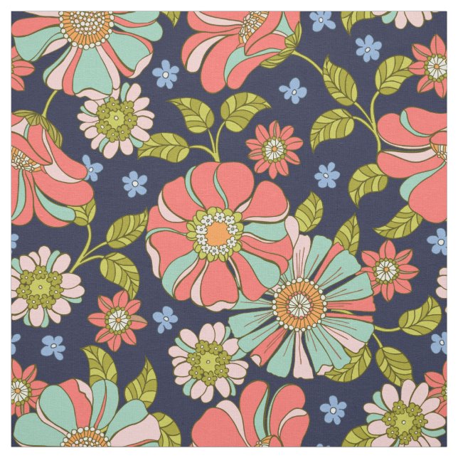 Retro Floral Navy Pink  Fabric (Swatch)