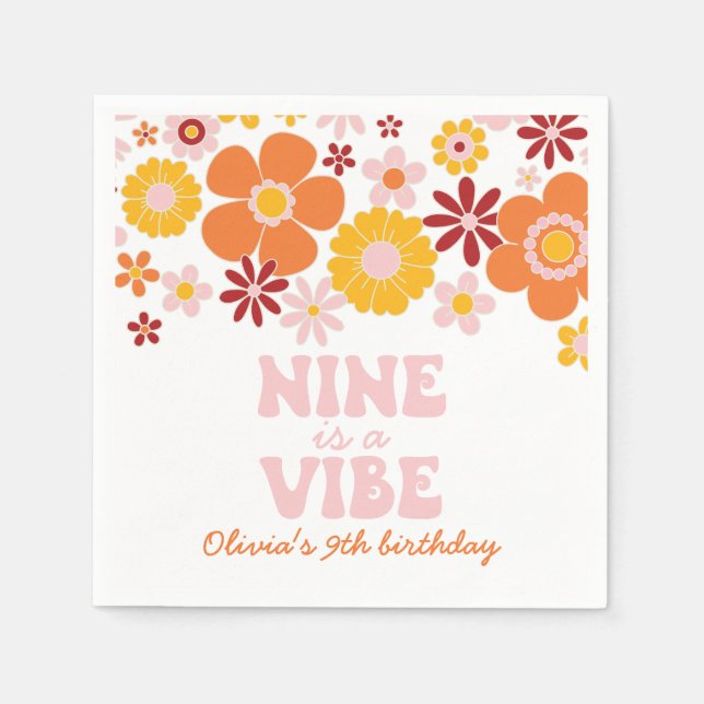 Retro Floral Nine is a Vibe 9th birthday Napkins (Front)