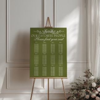 Retro Floral Olive Green Wedding Seating Charts Foam Board