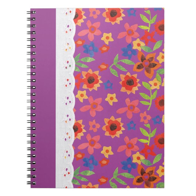 Retro Floral on Magenta, Faux Lace Spiral Notebook (Front)