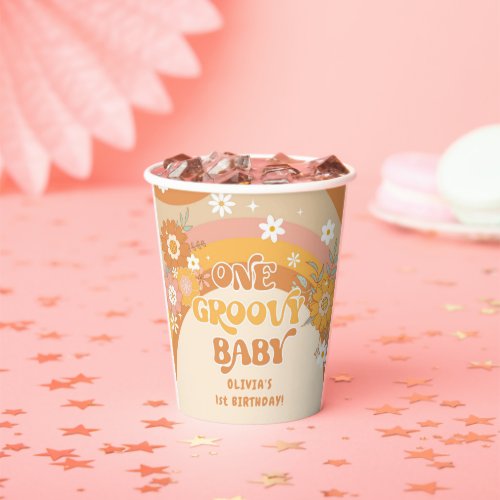 Retro floral one groovy baby paper cups