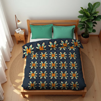 Retro Floral Orange Blue Abstract Pattern Monogram Duvet Cover