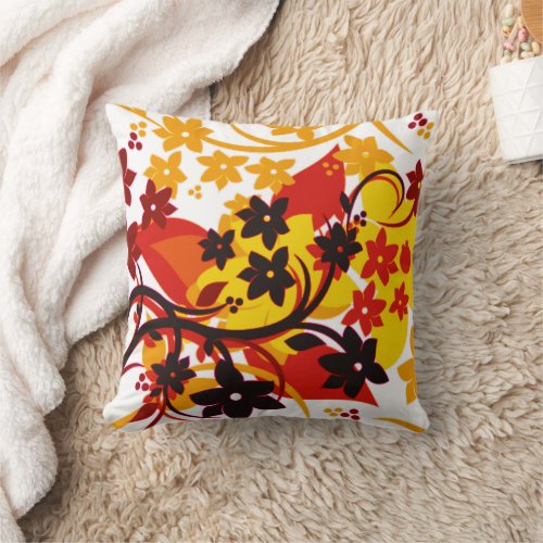 Retro Floral Orange Botanical Graphic Design Throw Pillow