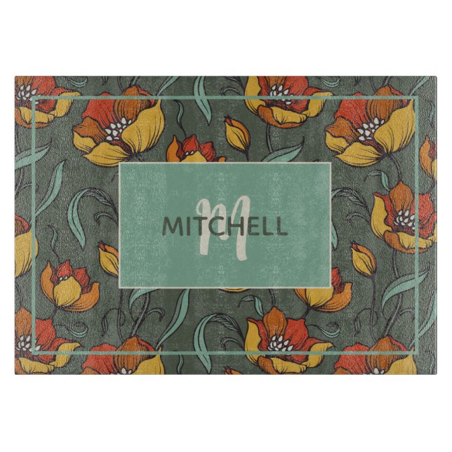 Retro Floral Orange Gold Teal Personalized  Cutting Board (Front)