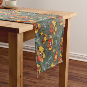 Retro Floral Orange Gold Teal Short Table Runner
