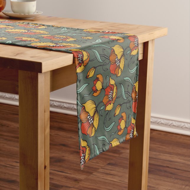 Retro Floral Orange Gold Teal Short Table Runner (In Situ)