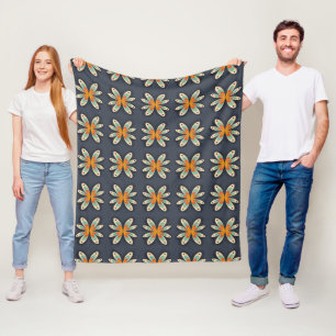 Retro Floral Orange Navy Blue Abstract Pattern Fleece Blanket