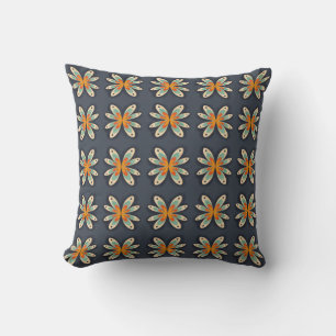 Retro Floral Orange Navy Blue Abstract Pattern Throw Pillow