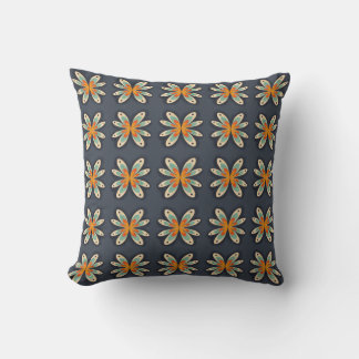 Retro Floral Orange Navy Blue Abstract Pattern  Throw Pillow