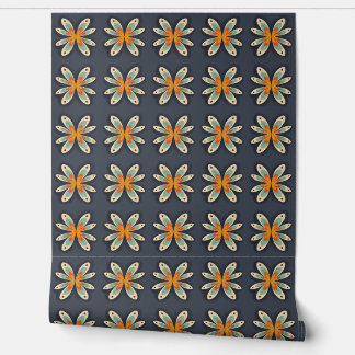 Retro Floral Orange Navy Blue Abstract Pattern Wallpaper
