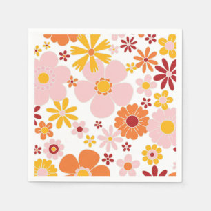 Retro Floral orange pink Birthday Napkins