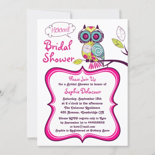 Retro Floral Owl Hot Pink Bridal Shower Invitation