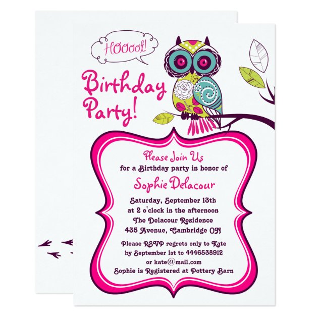 Retro Floral Owl Hot Pink Kids Birthday Invitation