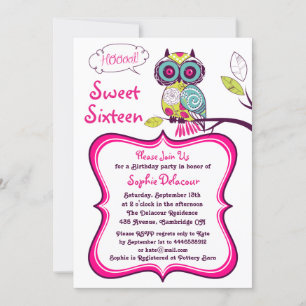 Retro Floral Owl Hot Pink Sweet Sixteen Invitation