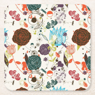 Retro Floral Pattern 2 Square Paper Coaster