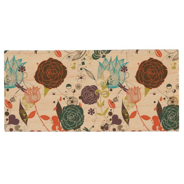 Retro Floral Pattern 2 Wood USB Flash Drive (Front)