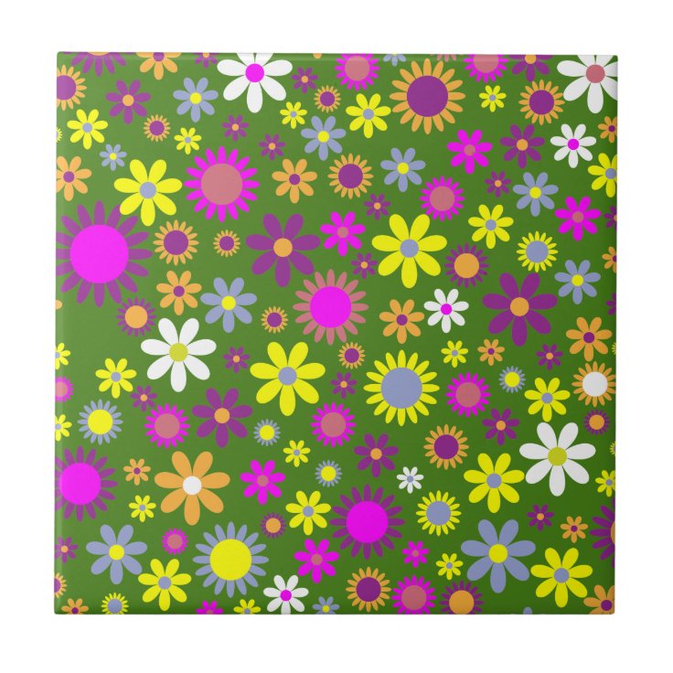 Retro Floral Pattern - 70's Flower Wallpaper Ceramic Tile | Zazzle