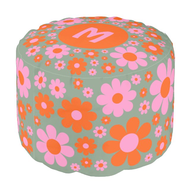 Retro Floral Pattern 70s Personalized  Pouf (Angled Back)